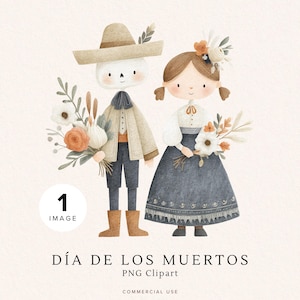 Día de los Muertos Clipart | Cute Skeleton Couple PNG | Mexican Folk Art Illustration | Day of the Dead | La Catrina Decor | Watercolor