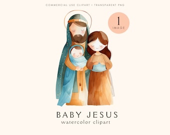 Niño Jesús Clipart / María y José / Acuarela Transparente Png / Card Making Scrapbooking / Navidad / Belén / Cristiano