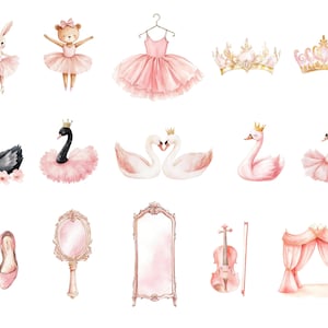 May include: Watercolor illustrations of ballet-themed elements, including swans, a ballerina bunny, a ballerina bear, a crown, a ballet slipper, a mirror, a ballet curtain, and a violin.