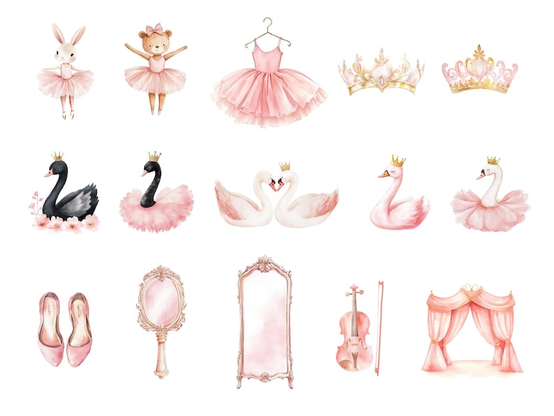 May include: Watercolor illustrations of ballet-themed elements, including swans, a ballerina bunny, a ballerina bear, a crown, a ballet slipper, a mirror, a ballet curtain, and a violin.