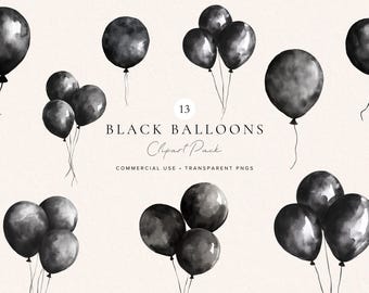 Watercolor Black Balloon Clipart | PNG Format | Birthday Decorations | Scrapbooking | Digital Stickers | Digital Download | Commercial Use