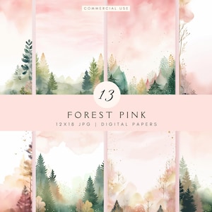 May include: A set of 13 digital papers featuring watercolour illustrations of a forest with pink and green hues. The papers are 12x18 inches and are perfect for crafting and design projects.