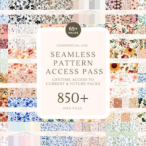 May include: A digital collection of over 65 seamless pattern packs containing 850+ JPEG files. The central text reads: 65+ PACKS, COMMERCIAL USE, SEAMLESS PATTERN ACCESS PASS, LIFETIME ACCESS TO CURRENT & FUTURE PACKS, 850+ JPEG FILES.