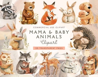 Mama & Baby Animal Clipart | Baby Animals | Woodland Animals | Commercial Use | Digital Download | Mama Bear Clip Art | Mom Cute Animals Png