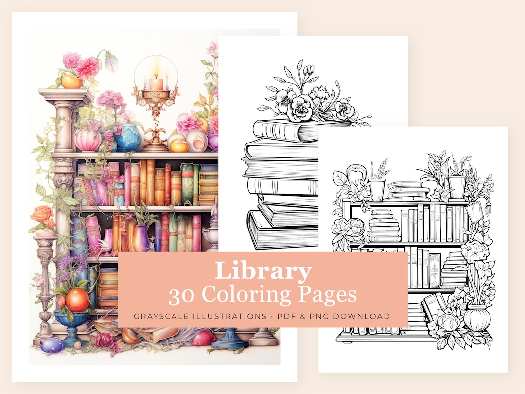 Printable Mindfulness Coloring Book Library Books 30 Coloring Pages Adult Colouring Instant PDF