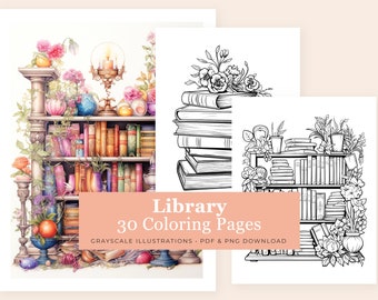 Printable Mindfulness Coloring Book | Library Books | 30 Coloring Pages | Adult Colouring | Instant PDF Download | Digital | US Letter