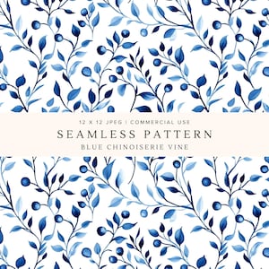 Op de afbeelding: Een naadloos patroon met illustraties van blauwe chinoiserie-ranken met donkerblauwe bessen en bladeren op een witte achtergrond. De tekst luidt 12 X 12 JPEG | COMMERCIAL USE SEAMLESS PATTERN BLUE CHINOISERIE VINE in het midden van de afbeelding.