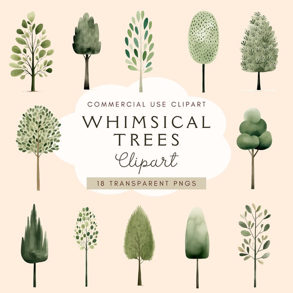 Watercolor Trees Clipart | Whimsical Trees Clip Art | Greeting Card | Cute Pine Trees | Commercial Use | Green Forest Outdoor | Png Clipart