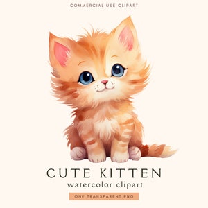 May include: A cute orange and white kitten with blue eyes sits on a white background. The kitten is looking up and smiling. The image is a watercolor illustration.