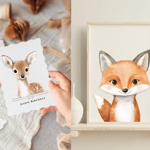 May include: Two watercolor illustrations of woodland animals. The first illustration is of a fawn with brown spots and the text "Happy Birthday". The second illustration is of a fox with orange fur and a white chest.