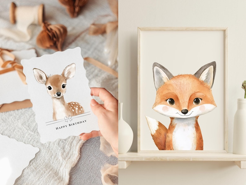 May include: Two watercolor illustrations of woodland animals. The first illustration is of a fawn with brown spots and the text "Happy Birthday". The second illustration is of a fox with orange fur and a white chest.