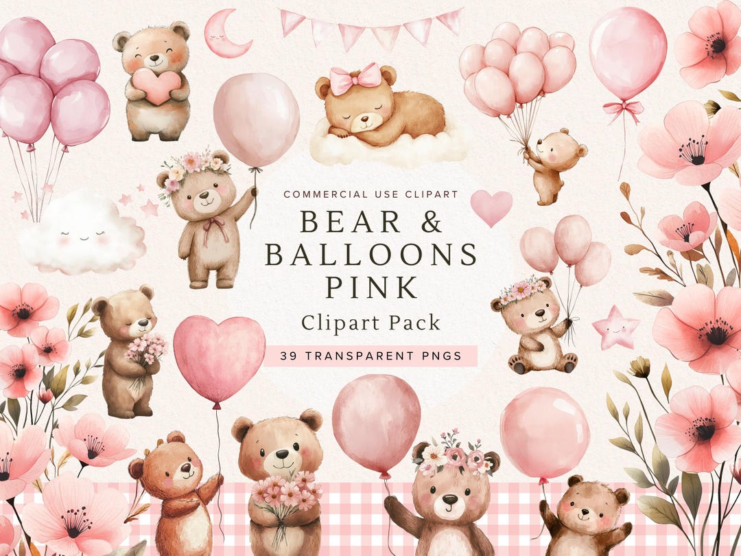 Pink Teddy Bear Clipart | Baby Shower Balloons PNG | Cute Watercolor ...