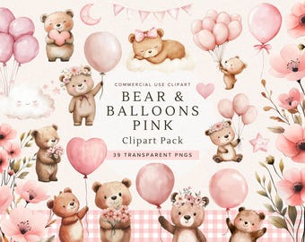 Clipart de oso de peluche rosa / Globos de baby shower PNG / Lindo oso de acuarela para invitación / Decoración de guardería / Fiesta de cumpleaños / Descarga digital