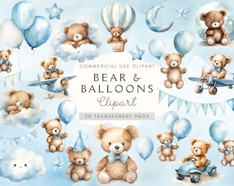 Ballons Bären und blaue Luftballons Clipart | Babyparty für einen Jungen | Teddybär Png | Junge Geburtstag | Blaues Flugzeug Ballons | Teddybär-ClipArt