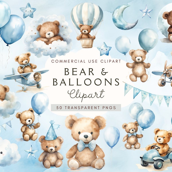 Bear and Blue Balloons Clipart | Baby Shower For A Boy | Teddy Bear Png | Boy Birthday | Blue Aeroplane Balloons | Teddy Bear Clip Art