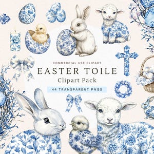 Lot de cliparts de Pâques toile | Toile de Jouy bleue | Lapin mignon | Oeufs | Art numérique pour travaux manuels | Motifs printaniers fantaisistes | Parfait pour les cartes