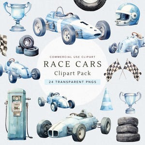 Retro raceauto-clipart | Blauwe aquarel | Voertuigafbeeldingen | Kaarten maken | Directe digitale download | Sportwagen Svg | Vintage raceauto png