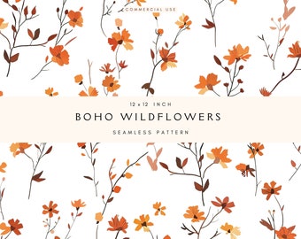 Boho Wildflowers Seamless Pattern | Scrapbooking | Printable Floral Wrapping Paper | Commercial Use | Dainty Flower Repeating Background