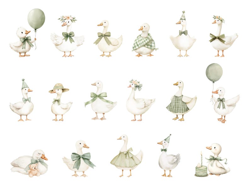 Puede incluir: Ilustraciones en acuarela de gansos blancos con varios accesorios. Algunos gansos llevan lazos, sombreros o vestidos verdes. Un ganso sostiene un globo verde, y otro est&aacute; junto a un peque&ntilde;o pastel con velas. El tema general es caprichoso y encantador.