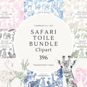 Toile Safari Animals Clipart Bundle | Gender Neutral Chinoiserie Design, Jungle Theme PNG, Baby Shower, Nursery Decor, Digital Download