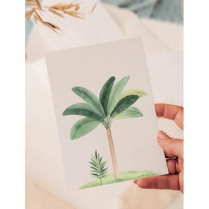 May include: A watercolor illustration of a palm tree with green leaves and a brown trunk. The tree is set against a light green background.