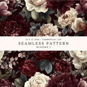 Sömlöst vinrött blommönster | Hantverksmaterial | Unika botaniska bakgrunder | Upprepat tygmönster | Digitalt papper JPEG | Bloom 1