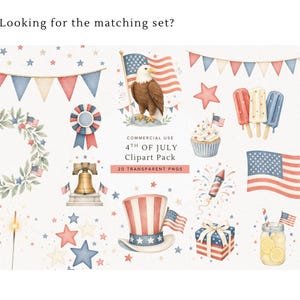 May include: Watercolor clipart pack featuring patriotic symbols for the 4th of July. Includes an American flag, an eagle, a cupcake, popsicles, a hat, and other festive elements. The text reads "4th of July Clipart Pack".