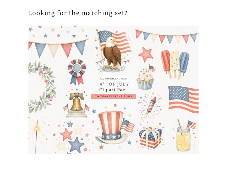 May include: Watercolor clipart pack featuring patriotic symbols for the 4th of July. Includes an American flag, an eagle, a cupcake, popsicles, a hat, and other festive elements. The text reads "4th of July Clipart Pack".