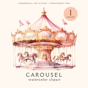 Carousel Watercolour Clipart | Pony | Carnival Clip Art | Vintage | Scrapbooking | Digital Download Commercial Use | Stickers Clipart | Pink
