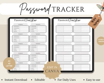 Minimalist Password Tracker Printable | A4 A5 Letter (Digital Download)