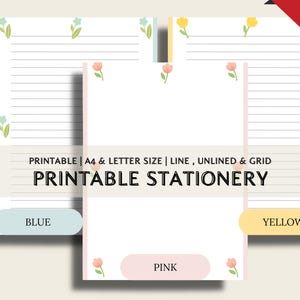 PRINTABLE Cute Flower Stationery, Printable Writing Paper, A4, Letter, Lined Printable Paper, Blank Printable Paper , Grid paper ,Kids Paper