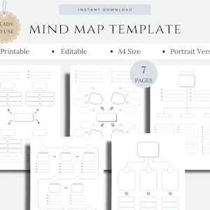 May include: Printable mind map template with 7 pages in A4 size. The template features different mind map styles with clouds, branches, and boxes for writing notes.
