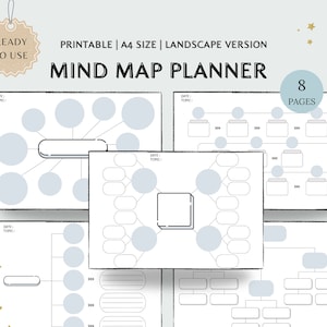 May include: Printable mind map planner with 8 pages in landscape format. The planner features a variety of mind map templates with circles and rectangles for writing notes. The text "DATE" and "TOPIC" are at the top of each page.