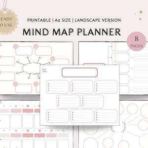 May include: Printable mind map planner with 8 pages. The planner features different mind map templates with circles, lines, and boxes for brainstorming and note-taking. The pages are white with pink accents.