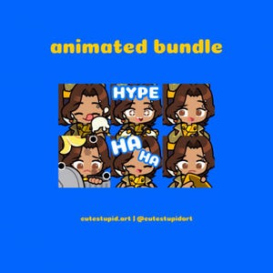 May include: Animated bundle of six digital illustrations featuring a brown-haired character with different expressions. The character is wearing a yellow and brown outfit and has a brown hat. The illustrations include the words "Hype", "Ha Ha", and "Cutesupid.art | @cutesupidart".