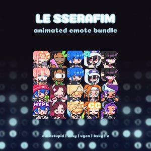 Può includere: Grafica digitale con un pacchetto di emote animate. Il testo "LE SSERAFIM animated emote bundle" è in alto. Ogni emote ha un design unico, con varie acconciature ed espressioni. Alcune emote includono le parole "HYPE" e "GG".