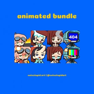 Puede incluir: Paquete animado de ocho ilustraciones digitales que presentan una variedad de personajes y objetos. Los personajes incluyen una niña con cabello rosado y gafas, un niño con cabello azul y gafas y una niña con cabello castaño. Los objetos incluyen un televisor con un mensaje de error 404, un televisor con una pantalla estática y un fuego.