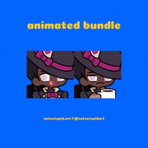 May include: Animated bundle graphic on a blue background. The graphic features two cartoon characters wearing a black hat with a pink band and bow. One character is smiling, the other is holding a coffee cup. Text reads "animated bundle".
