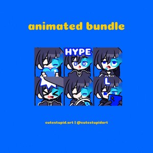 Puede incluir: Paquete animado de seis emoticonos de personajes de dibujos animados azules y negros con diferentes expresiones. Los emoticonos incluyen "Hype" y "L".