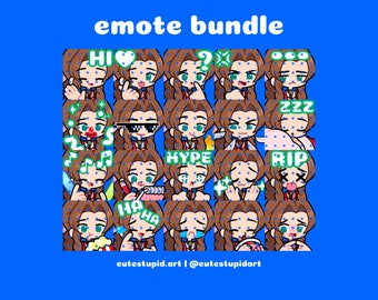 Op de afbeelding: Een verzameling cartoon-emotes met een personage met bruin haar en groene ogen. Elke emote toont een andere uitdrukking of actie, zoals zwaaien, denken of slapen. De tekst "emote bundle" staat bovenaan, met de naam van de artiest onderaan.