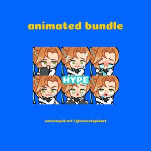May include: Animated bundle of eight different expressions of a cartoon character with brown hair, blue eyes, and a light blue and white outfit. The character is wearing a headband with a blue and white design. The text "HYPE" is in the center of the image.