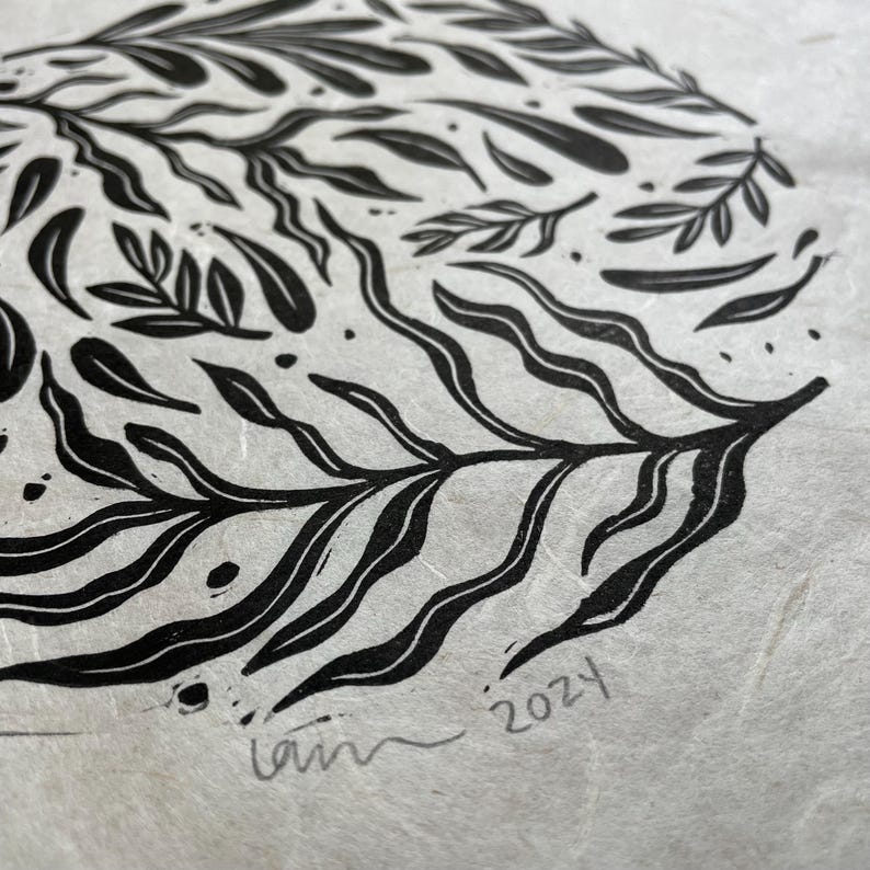 Round Linocuts Floral Linocut - Original Linocut Block Print - Black on Natural Paper ...