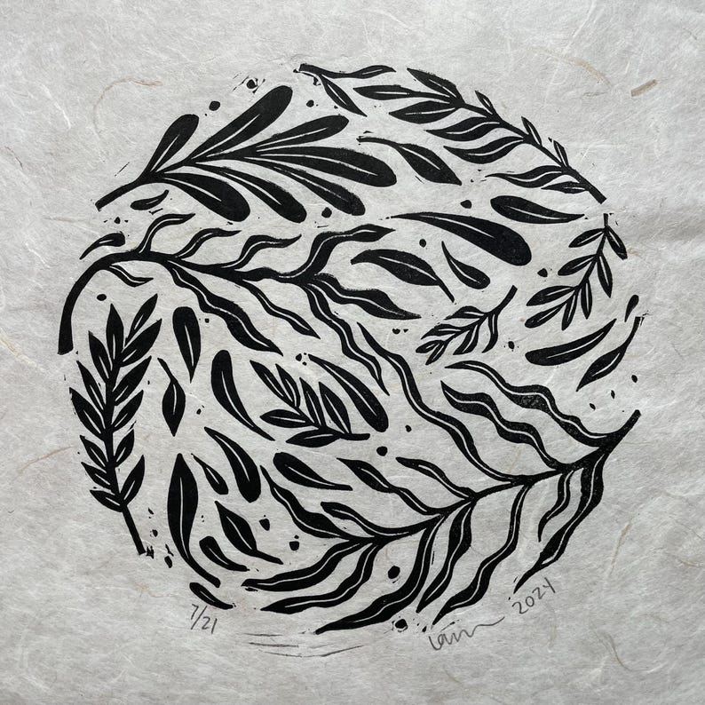 Round Linocuts Floral Linocut - Original Linocut Block Print - Black on Natural Paper ...