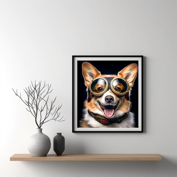 Corgi digital portrait, wearing pilot googles, cute artistic modern and realistic art, easy print at home art