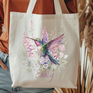 Hummingbird Canvas Tote Bag Personalized , Custom Bird Lover Reusable Shopping Bag, Hummingbird Teacher Book Bag Tote, Floral Tote for Her.