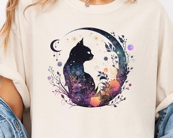 Comfort Colors Mystical Cat Shirt, Celestial Moon Phase TShirt,  Cat Lover Gift, Witchy Cat Familiar Shirt, Plus Size Celestial Shirt