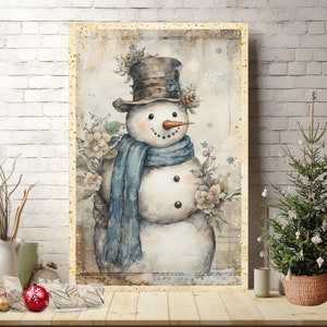 Snowman Canvas Christmas Print, Vintage Christmas Decor, Snowman Christmas Wall Art, Floral Snowman Decor, Mantel Christmas Decorations,