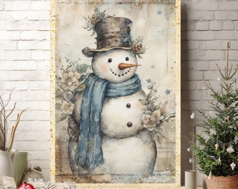 Snowman Canvas Christmas Print, Vintage Christmas Decor, Snowman Christmas Wall Art, Floral Snowman Decor, Mantel Christmas Decorations,