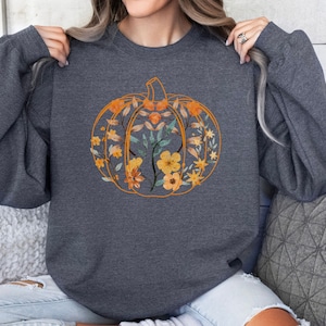 Fall Floral Pumpkin Sweatshirt, Cottagecore Fall T-Shirt, Pumpkin Thanksgiving Crewneck,Pumpkin Patch Shirt,Fall Leaves Sweater,Autumn shirt