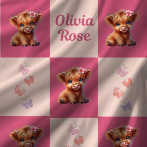 Highland Cow Personalized Baby Girl Blanket, Custom Butterfly Name Blanket, Name Baby Girl Blanket, Baby Gift Blanket, Highland Cow Blanket